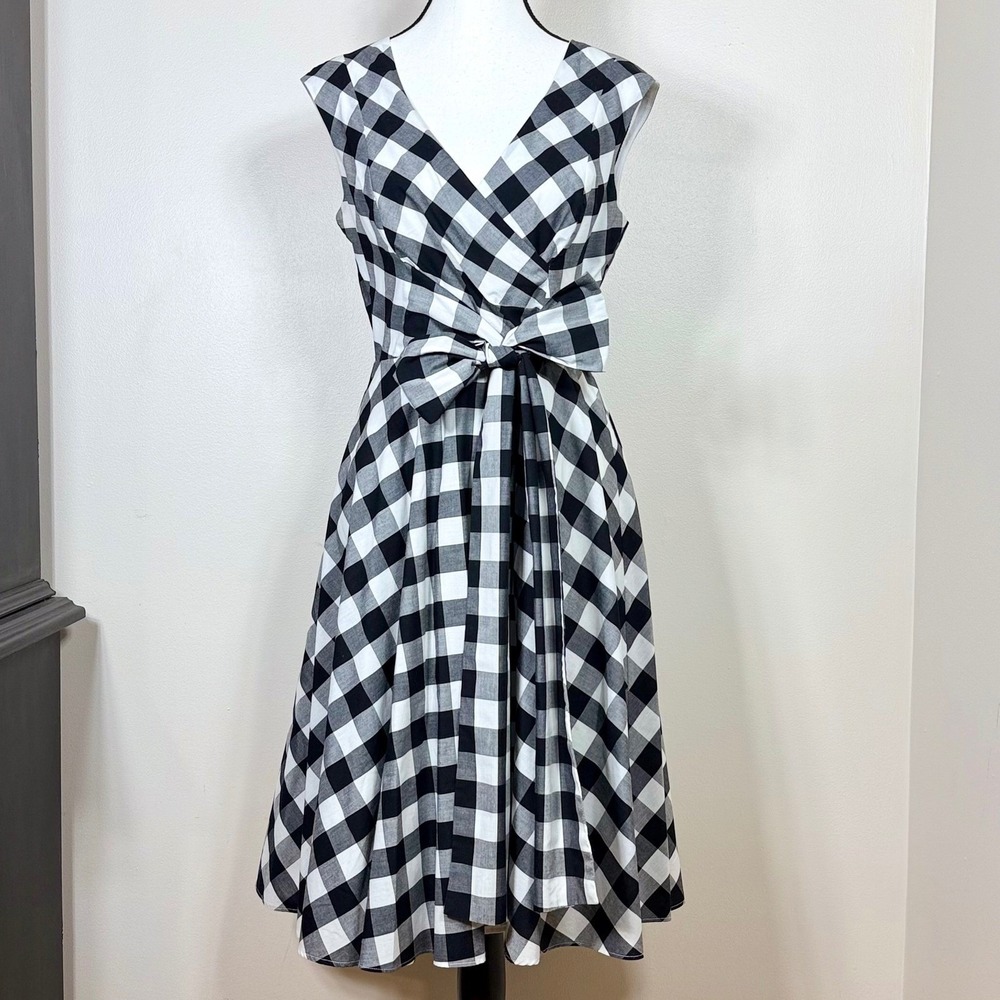 Calvin Klein Womens Fit Flare Dress Black White Gingham Waist Tie CLassic Retro